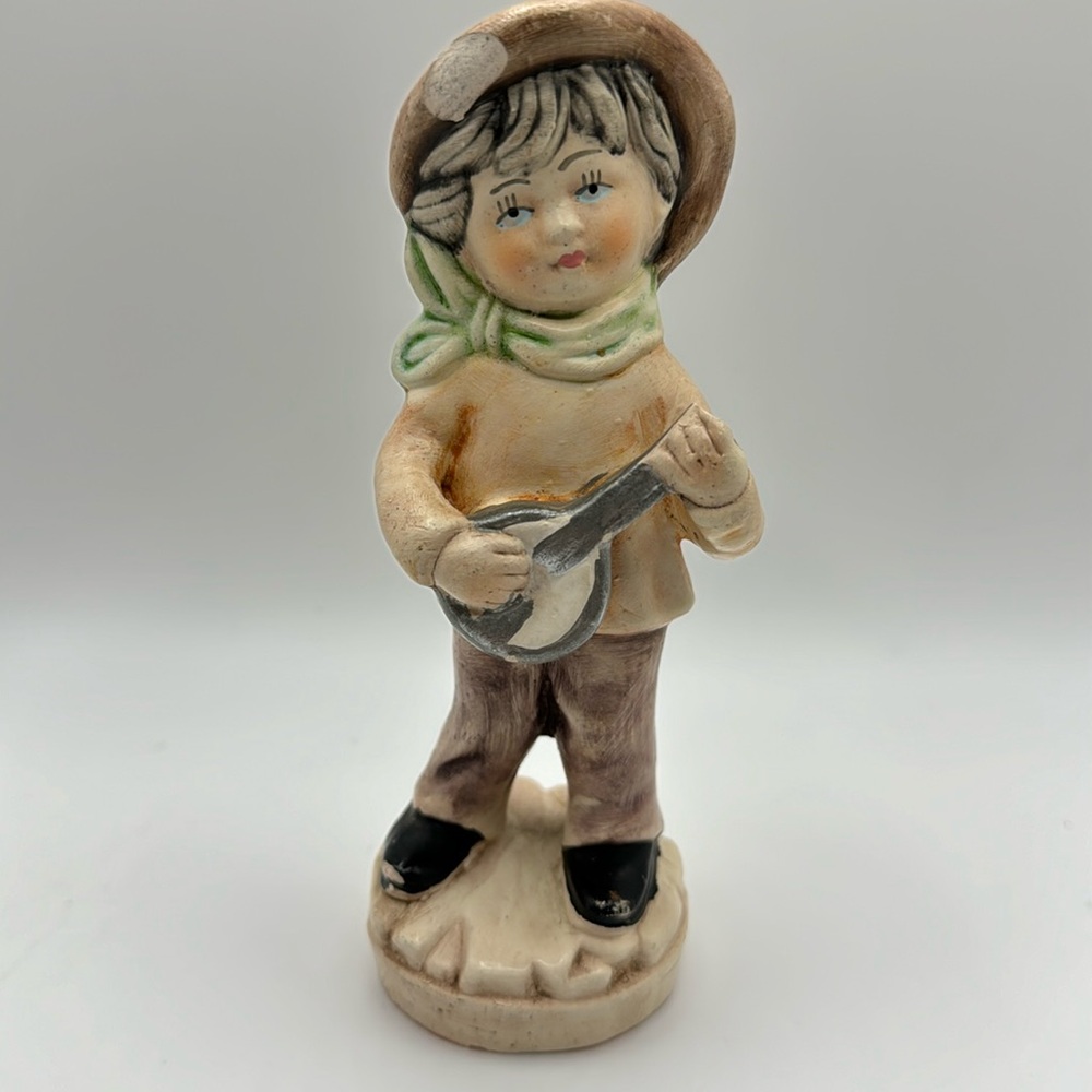 Vintage Storybook Boy Banjo Figurine Porcelain Japan Style Mid Century Cottage